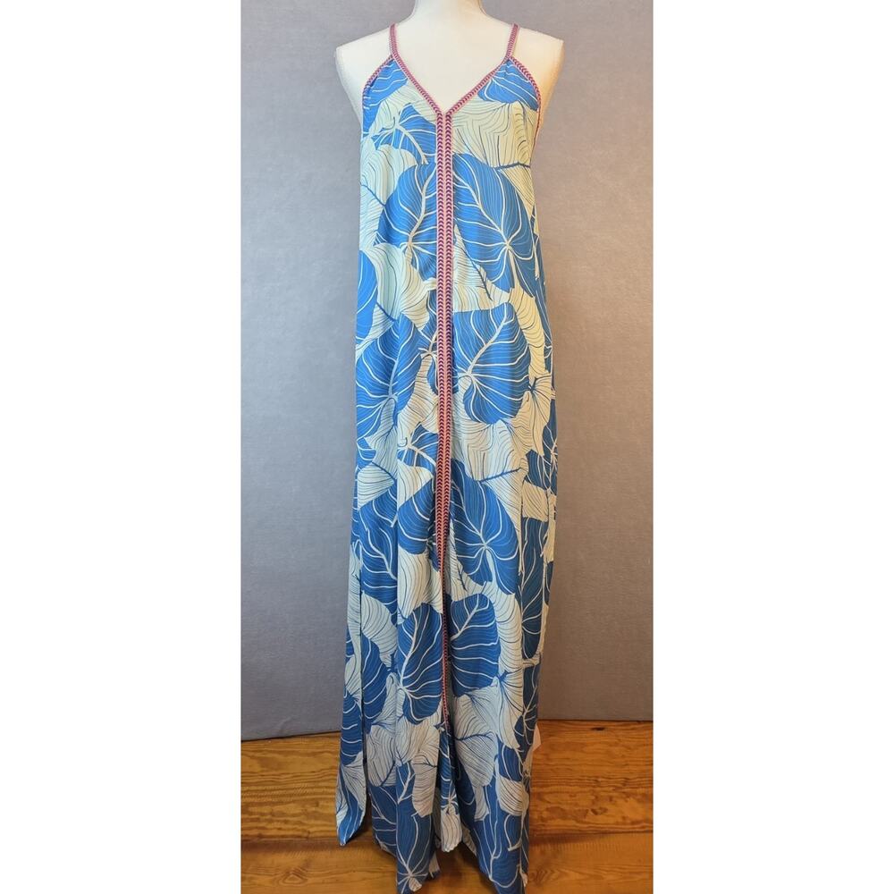 America & Beyond Maxi Dress Blue Tropical Print Boho Beach Cover Up Flowy